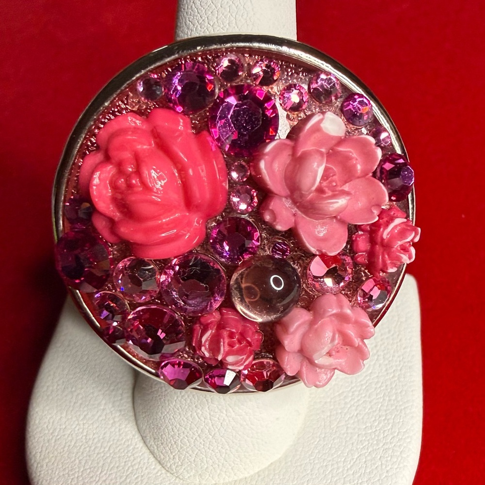 Tarina Tarantino Pink Rose Carved Lucite Statement Ring Adjustable Silver Tone